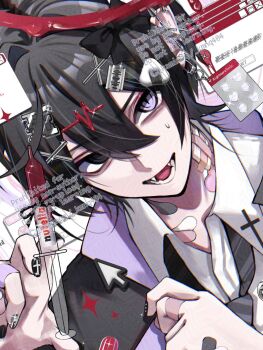 Rule 34 | 1boy, bandaged fingers, bandaged hand, bandaged neck, bandages, black hair, black jacket, blood, blood halo, commentary request, cross, cursor, fangs, halo, highres, jacket, kaminoq, liquid halo, male focus, nutella, original, pill, purple lining, razor blade hair ornament