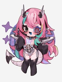 1girl android aridonall blush breasts bug_(houndeater) chibi chibi_only colored_eyelashes detached_sleeves full_body highres long_hair monster_girl multicolored_hair no_nipples no_pussy open_mouth original pink_hair ribs see-through_body solo spine standing tail thighhighs