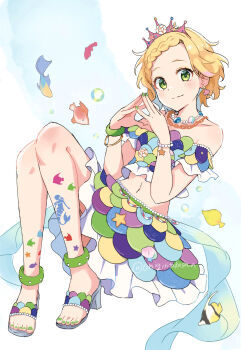 1girl aikatsu! aikatsu!_(series) bare_shoulders blonde_hair bracelet braid braided_bangs closed_mouth commentary_request cropped_shirt fish full_body green_eyes green_nails high_heels highres jewelry knees_up leg_tattoo looking_at_viewer multicolored_skirt nail_polish navel necklace ogura_(onigiritakusan) sandals scales shinjo_hinaki short_hair sitting skirt smile solo steepled_fingers tattoo tiara toenail_polish toenails white_background