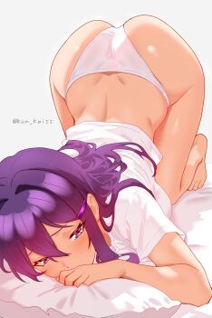 1girl absurdres blush doki_doki_literature_club hair_ornament hairclip highres kun_kaiss looking_at_viewer purple_eyes purple_hair shirt solo yuri_(doki_doki_literature_club)