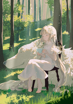 1girl absurdres ahoge animal barefoot blonde_hair blunt_bangs blunt_sidelocks closed_eyes commentary_request cup dappled_sunlight day dress forest full_body highres hime_cut holding holding_cup light_particles long_dress long_hair nature nekory ookami_(taishou_x_alice) original outdoors oversized_animal puffy_sleeves relaxing scenery short_sleeves sidelocks signature smile sunlight tree tree_shade very_long_hair white_dress white_wolf wolf