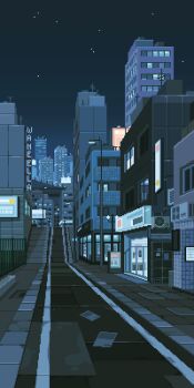 animated animated_gif building city cityscape commentary english_commentary highres lamppost looping_animation night night_sky no_humans original outdoors pixel_art road scenery shooting_star sky star_(sky) street waneella
