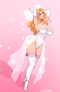 1girl absurdres alternate_costume armpits arms_behind_head arms_up artist_name bare_shoulders bleach blonde_hair blue_eyes breasts bridal_veil bride cleavage dress elbow_gloves gloves hands_in_own_hair high_heels highres huge_breasts jewelry large_breasts long_hair looking_at_viewer matsumoto_rangiku mole mole_under_mouth necklace nofuture orange_hair patreon_username pink_shoes shoes signature smile solo thighhighs thighs veil wedding_dress white_gloves