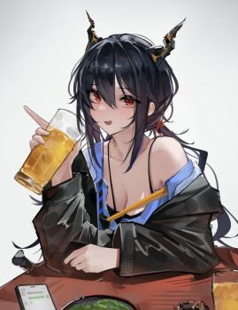 1girl absurdres alcohol arknights ashtray bare_shoulders beer beer_glass black_hair breasts cellphone ch&#039;en_(arknights) cleavage collarbone commentary cup drink english_commentary english_text grey_background hair_between_eyes highres holding holding_cup holding_drink horns long_hair long_sleeves looking_at_viewer medium_breasts meihina off_shoulder open_mouth phone red_eyes sidelocks smartphone smile solo spaghetti_strap text_messaging upper_body