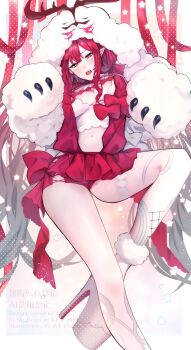 1girl baobhan_sith_(fate) baobhan_sith_(swimsuit_pretender)_(first_ascension)_(fate) breasts cernunnos_(fate) character_hood detached_collar earrings fangs fate/grand_order fate_(series) fufufu_hehehe grey_eyes headwear_with_attached_mittens highres jewelry long_hair looking_at_viewer navel open_mouth pink_hair pink_skirt platform_heels sidelocks skirt solo