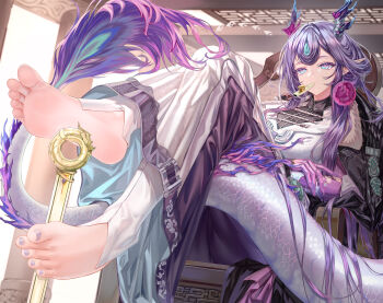 Rule 34 | 1girl, absurdres, arknights, barefoot, blue eyes, commentary request, dragon girl, dragon horns, dragon tail, dress, earrings, feet, foot focus, highres, horns, instrument, jewelry, jun (arknights), kazoo, long hair, nail polish, pointy ears, purple hair, sitting, solo, tail, toenail polish, toenails, very long hair, white dress, xo (xo17800108)