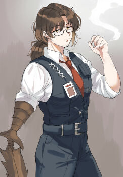 1boy absurdres arthropod_limbs beard_stubble belt between_fingers black-framed_eyewear black-framed_glasses black_belt black_pant black_pants black_vest breast_pocket brown_hair buckle cigarette collared_shirt cowboy_shot dress_shirt expressionless facial_hair glasses gradient_background gregor_(project_moon) grey_background hair_between_eyes half-closed_eyes hand_up highres holding holding_cigarette id_card jitome kikkoinu limbus_company long_hair long_sleeves looking_at_viewer low_ponytail male_focus name_tag necktie open_mouth pants parted_bangs parted_lips pocket ponytail pouch project_moon red_necktie sanpaku semi-rimless_eyewear shirt simple_background sleeves_pushed_up sleeves_rolled_up smoke smoking solo standing stubble under-rim_eyewear upper_body vest white_background white_shirt wing_collar yellow_eyes