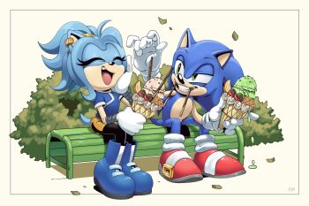 1boy 1girl adam_bryce_thomas animal_ear_piercing animal_ears bench black_pantyhose blue_footwear blue_fur blue_hair blue_shirt boots bush ciani_(stephcube) closed_eyes food food_in_mouth furry furry_female furry_male gloves green_eyes grin high_ponytail highres holding holding_food holding_ice_cream ice_cream laughing looking_at_another medium_hair open_mouth original pantyhose park_bench pocky pocky_in_mouth ponytail red_footwear shirt shoes short_sleeves sitting skirt smile sonic_(series) sonic_the_hedgehog tail teeth two-tone_footwear white_footwear white_gloves yellow_skirt