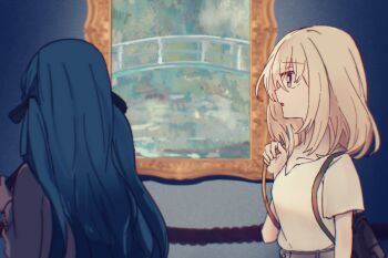 Rule 34 | 2girls, backpack, bag, bang dream!, bang dream! it's mygo!!!!!, black ribbon, blonde hair, blue hair, commentary, hair ribbon, highres, long hair, medium hair, misumi uika, multiple girls, open mouth, painting (object), purple eyes, ribbon, setou (bpdne), shirt, short sleeves, sidelocks, untranslatable commentary, wakaba mutsumi, white shirt