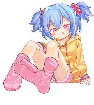 1girl blue_hair chaosexceed commentary hair_bobbles hair_ornament highres hood hoodie original paid_reward_available pink_eyes pink_shorts pink_socks shorts sitting socks solo tongue tongue_out white_background
