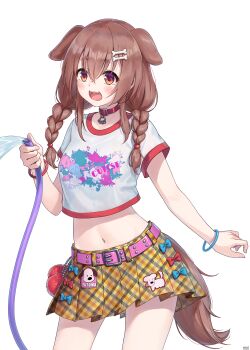 1girl :d absurdres animal_collar animal_ears arm_at_side belt bone_hair_ornament braid braided_twintails brown_eyes brown_hair brown_tail character_pin clothing_cutout collar commentary_request contrapposto cowboy_shot dog_ears dog_girl dog_tail double-parted_bangs extra_ears fangs futo-inu hair_between_eyes hair_ornament hairclip highres holding holding_hose hololive hose hoso-inu inugami_korone inugami_korone_(holonatsu_paradise) legs_apart long_hair looking_at_viewer low_twin_braids low_twintails midriff miniskirt navel official_alternate_costume open_mouth parallel_hairclips paw_pendant pink_belt plaid_clothes plaid_skirt pleated_skirt print_shirt red_collar shirt shirt_overhang simple_background skirt smile solo studded_belt t-shirt tail tail_through_clothes transparent_background traveler_(artbbt) twin_braids twintails virtual_youtuber white_shirt wristband yellow_skirt
