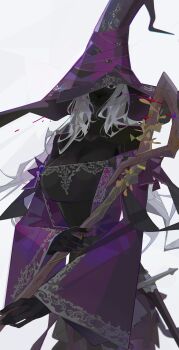 Rule 34 | 1girl, absurdres, bare shoulders, black eyes, breasts, cleavage, colored eyelashes, colored skin, commentary, cowboy shot, dark-skinned female, dark skin, detached sleeves, dress, elden ring, elden ring nightreign, english commentary, hair over shoulder, hat, highres, holding, holding staff, large breasts, long hair, looking at viewer, mage staff, nslacka, one eye covered, purple dress, recluse (elden ring), solo, staff, very dark skin, very long hair, white background, white eyelashes, white hair, wide sleeves, witch, witch hat