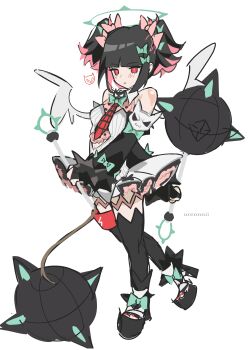 absurdres angel_wings angels_of_delusion black_hair black_thighhighs blush bow bowtie flying_nimbus green_bow green_bowtie highres mace necktie pink_bow pink_hair red_eyes red_necktie rokudu_sariel skirt spiked_mace spikes thighhighs urennnii weapon wings zenless_zone_zero