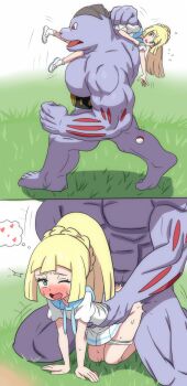 1boy 1girl blonde_hair blush braid clothed_sex doggystyle gen_1_pokemon green_eyes heart hetero highres hippo_power lillie_(pokemon) long_hair machoke muscular muscular_male nintendo one_eye_closed open_mouth panties pleated_skirt poke_ball poke_ball_(basic) pokemon pokemon_sm pokephilia ponytail ponytail_with_braided_base rolling_eyes sex sex_from_behind size_difference skirt speech_bubble tagme underwear vaginal white_panties white_skirt