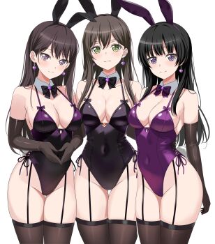 3girls absurdres animal_ears bang_dream! bang_dream!_girls_band_party! bang_dream!_it's_mygo!!!!! black_bow black_bowtie black_gloves black_hair black_leotard black_thighhighs bow bowtie closed_mouth commentary commission covered_navel detached_collar earrings elbow_gloves english_commentary fake_animal_ears fries_vanquisher garter_straps gloves green_eyes hanazono_tae highres jewelry leotard long_hair multiple_girls open_mouth pixiv_commission purple_eyes purple_leotard rabbit_ears shiina_taki shirokane_rinko simple_background thighhighs white_background
