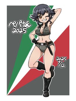 1girl 2025 adapted_costume armpits bikini black_gloves black_hair blush braid breasts brown_eyes cleavage collarbone curvy dated girls_und_panzer gloves green_bikini grin hand_on_own_hip italian_flag large_breasts looking_at_viewer one_eye_closed pepperoni_(girls_und_panzer) shiny_skin shorts smile solo standing standing_on_one_leg swimsuit takahashi_kurage wide_hips wink