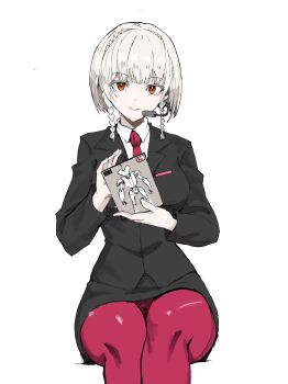 1girl absurdres allmind_(armored_core_vi) allmind_(armored_core_vi)_(cosplay) armored_core armored_core_vi:_fires_of_rubicon ayre_(armored_core_vi) black_jacket blouse braid breasts business_suit collared_shirt colored_skin cosplay duplicate echo_(armored_core_vi) formal_clothes headpiece highres jacket las91214 long_sleeves looking_at_viewer mecha medium_breasts necktie office_lady pantyhose pencil_skirt personification red_eyes red_necktie red_pantyhose robot shirt short_hair simple_background sitting skirt skirt_suit smile solo suit twin_braids white_background white_hair white_shirt white_skin