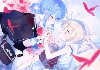 2girls absurdres aya86qi black_bag black_capelet blonde_hair blood blue_hair blue_skirt braid braided_hair_rings bug butterfly capelet closed_eyes commentary_request dress from_above green_eyes hair_rings highres holding_hands insect long_hair long_sleeves looking_at_another lying mahou_shoujo_no_majo_saiban multiple_girls on_ground on_side open_mouth profile red_butterfly short_hair skirt smile snow spoilers tachibana_sherry tono_hanna twintails white_dress