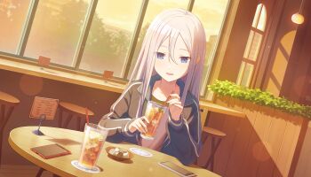 1girl black_shirt blue_eyes blue_jacket cellphone collarbone colorful_palette colors_of_pure_sense_(project_sekai) cup drinking_glass drinking_straw dutch_angle food fruit highres holding holding_cup holding_straw jacket layered_shirt lemon lemon_slice light_particles long_sidelocks open_mouth phone project_sekai purple_shirt shadow shirt sidelocks smartphone smile solo swept_bangs third-party_source tree window yoisaki_kanade