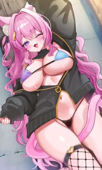 1girl ;d absurdres animal_ears arm_up black_jacket black_panties breasts cat_ears cat_girl cat_tail commentary_request fish_hair_ornament fishnet_thighhighs fishnets hair_intakes hair_ornament highleg highleg_panties highres huge_breasts jacket katsushika_pachi looking_at_viewer nipples one_eye_closed open_mouth original panties partially_unzipped pink_hair pink_tail single_thighhigh sleeves_past_wrists smile solo tail thighhighs thighs tongue underwear