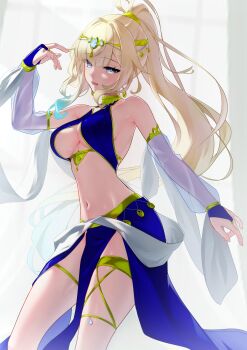 1girl aizawa_ema arabian_clothes armlet belly_dancing bikini bikini_top_only blonde_hair blue_bikini blue_eyes blue_gemstone blue_gloves blue_hair blue_skirt blunt_bangs breasts bridal_gauntlets center_opening circlet dancer detached_sleeves forehead_jewel gem gloves gradient_hair head_chain high_ponytail highres jewelry large_breasts long_hair long_sleeves looking_at_viewer midriff multicolored_hair navel necklace open_mouth pelvic_curtain ponytail see-through_clothes see-through_sleeves skirt solo stomach swimsuit thigh_strap tokonagi_yori underbust very_long_hair virtual_youtuber vspo! white_background