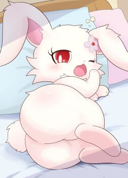 1girl animal_ears animal_feet animal_hands animal_nose aokko_(bluehiyokobunny) ass ass_focus bed cherry_blossoms chibikemo flower furry furry_female hair_flower hair_ornament indoors jewelpet_(creature) jewelpet_(series) jewelry looking_at_viewer one_eye_closed open_mouth rabbit_ears rabbit_girl rabbit_tail red_eyes ruby_(jewelpet) solo tail white_fur yawning