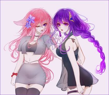 2girls alternate_costume animal_ears back bare_arms bare_shoulders black_bra black_dress black_thighhighs blunt_bangs bra bracelet braid breasts cleavage collarbone commentary couple dress flower_ornament fox_ears fox_girl from_side genshin_impact grey_skirt hair_between_eyes hair_ornament head_tilt jewelry large_breasts long_braid looking_at_viewer looking_to_the_side miniskirt mole mole_under_eye multiple_girls navel parted_lips pink_hair purple_eyes purple_hair raiden_shogun red_lips shade short_sleeves single_braid skinny skirt stomach thighhighs thighlet underwear yae_miko yuri zbei564