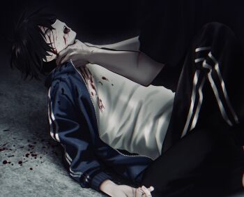 2boys absurdres asphyxiation bags_under_eyes black_hair black_pants blood blood_on_clothes blood_on_face blood_splatter closed_eyes hair_between_eyes highres imai-kun_(imai_akira) imai_akira jacket long_sleeves male_focus multiple_boys open_clothes open_mouth original pale_skin pants reverse_ryona saliva shirt short_sleeves solo_focus strangling track_jacket track_pants white_shirt
