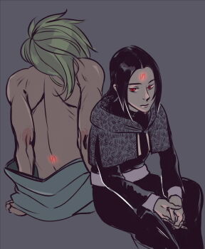 2boys back black_hair closed_mouth commentary english_commentary facial_mark fire_emblem fire_emblem:_path_of_radiance forehead_mark green_eyes grey_background hoskky male_focus multiple_boys nintendo red_eyes soren_(fire_emblem) stefan_(fire_emblem)