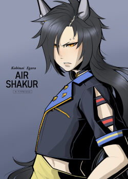 Rule 34 | 1girl, air shakur (umamusume), air shakur (unsigned) (umamusume), animal ear piercing, animal ears, artist name, black choker, black hair, black jacket, choker, commentary request, eyebrow piercing, face piercing, from side, frown, hair over one eye, horse ears, horse girl, jacket, matsu (a-type corp), orange eyes, piercing, scowl, short eyebrows, solo, umamusume, upper body, v-shaped eyebrows