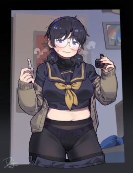 Rule 34 | 1girl, black panties, black pantyhose, blue eyes, blush, breasts, brown jacket, closed mouth, clothes pull, commentary, difman, english commentary, eyebrows hidden by hair, groin, highres, holding, holding key, jacket, key, looking at viewer, luna (difman), medium breasts, medium hair, midriff, navel, original, panties, panties under pantyhose, pantyhose, purple panties, short twintails, skirt, skirt pull, solo, sweat, twintails, two-tone panties, underwear, wavy mouth, webcam