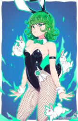 Rule 34 | 1girl, animal ears, black leotard, blush, bow, bowtie, breasts, curly hair, detached collar, fake animal ears, fake tail, fishnet pantyhose, fishnets, green eyes, green hair, highleg, highleg leotard, highres, leotard, looking at viewer, one-punch man, pantyhose, playboy bunny, rabbit ears, rabbit tail, short hair, small breasts, solo, strapless, strapless leotard, tail, tatsumaki, wrist cuffs