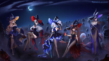 5girls :d ahoge alternate_breast_size alternate_costume arlecchino_(genshin_impact) artist_name ascot bare_shoulders black_dress black_gloves black_hair black_hat black_pantyhose black_shoes black_thighhighs blonde_hair blue_ascot blue_eyes blue_hair blue_pupils boo_tao_(genshin_impact) breasts broom broom_riding brown_hair candle choker cleavage clorinde_(genshin_impact) closed_mouth collarbone commentary crescent_moon crossed_legs detached_collar dress drill_hair drill_sidelocks drop-shaped_pupils elbow_gloves fire flower-shaped_pupils full_body full_moon furina_(genshin_impact) genshin_impact glitter_dress gloves grey_thighhighs grin hair_between_eyes hand_on_headwear hand_on_own_hip hat hat_feather heterochromia high_heels highres holding holding_wand hu_tao_(genshin_impact) large_breasts light_blue_hair light_blush long_hair looking_at_viewer medium_breasts medium_hair moon multicolored_hair multiple_girls navia_(genshin_impact) night night_sky open_mouth outdoors paid_reward_available pantyhose patent_heels pumps purple_eyes purple_lips pyrokinesis red_dress red_eyes red_hair red_hat red_lips red_pupils red_soles see-through_cleavage see-through_clothes shoes side_slit sidelocks sitting skirt_hold sky smile solo splendor_of_tranquil_waters_(genshin_impact) standing stiletto_heels strapless strapless_dress streaked_hair symbol-shaped_pupils thighhighs thighs tomatolaccoon tombstone twintails two-tone_dress two-tone_hat very_long_hair wand white_hair witch_hat x-shaped_pupils