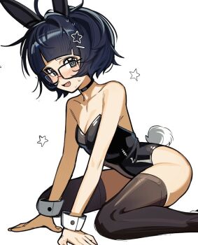 1girl @_@ animal_ears arched_bangs black_eyes black_hair blush choker commentary english_commentary erinartista fang feet_out_of_frame glasses hair_ornament hairclip leaning_forward leotard nose_blush open_mouth original playboy_bunny rabbit_ears rabbit_girl rabbit_tail short_hair sitting smile solo star_(symbol) star_hair_ornament strapless strapless_leotard sweat tail thighhighs wariza wrist_cuffs