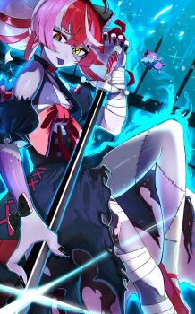 1girl bandaged_arm bandages black_dress black_nails colored_skin commentary cross-shaped_pupils double_bun dress gradient_eyes green_eyes grey_skin hair_bun holding holding_sword holding_weapon hololive hololive_indonesia kureiji_ollie kureiji_ollie_(1st_costume) looking_at_viewer medium_hair multicolored_eyes multicolored_hair nail_polish pink_hair red_eyes red_hair red_shoes shoes smile solo stitched_face stitched_leg stitches streaked_hair sword symbol-only_commentary symbol-shaped_pupils tongue tongue_out torn_clothes torn_dress udin_(kureiji_ollie) virtual_youtuber weapon white_streaks yellow_eyes yuuppi zombie