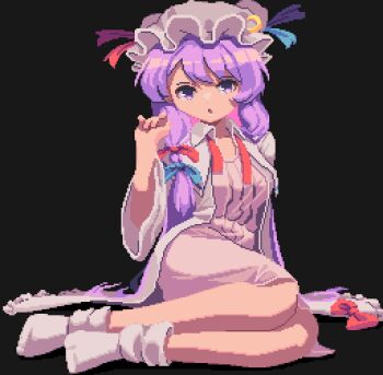 Rule 34 | 1girl, black background, blue bow, bow, breasts, commentary, crescent, crescent hat ornament, dress, english commentary, hair bow, hat, hat ornament, long hair, long sleeves, looking at viewer, medium breasts, mob cap, open mouth, patchouli knowledge, pink dress, pink hat, pixel art, potemki11, purple eyes, purple hair, red bow, simple background, sitting, small breasts, socks, solo, striped clothes, striped dress, touhou, vertical-striped clothes, vertical-striped dress, very long hair, white socks, wide sleeves