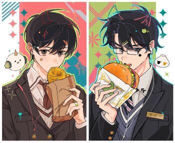 2boys animal_ears biyoo_(omniscient_reader&#039;s_viewpoint) black_coat black_hair blue_vest burger cat_ears character_name coat collared_shirt demon_horns double-parted_bangs drawn_ears drawn_horns eating facial_mark fish food foodification glasses hair_between_eyes horns imminent_bite kim_dokja korean_text looking_at_viewer male_focus multiple_boys name_tag necktie omniscient_reader&#039;s_viewpoint red_necktie shirt short_hair spade_(shape) spade_facial_mark star_(symbol) star_facial_mark striped_necktie twle upper_body vest white_shirt white_vest yoo_joonghyuk