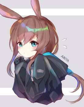 1girl absurdres amiya_(arknights) animal_ears arknights ascot black_jacket blue_ascot blue_eyes brown_hair character_name closed_mouth cropped_torso hair_between_eyes highres jacket light_blush long_hair looking_at_viewer open_clothes open_jacket qiuyuan_lu rabbit_ears rabbit_girl shirt solo upper_body white_shirt