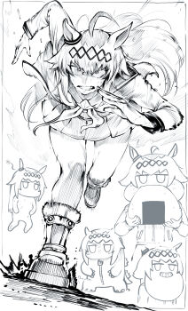 1girl absurdres ahoge animal_ears chibi clenched_teeth commentary_request cosplay eating food greyscale hairband highres horse_ears horse_girl kigurumi long_hair looking_at_viewer monochrome multiple_views niwarhythm oguri_cap_(starlight_beat)_(umamusume) oguri_cap_(umamusume) onigiri pleated_skirt running school_uniform serafuku skirt teeth umamusume umamusume:_cinderella_gray