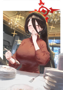1girl absurdres black_hair blue_archive blush border breasts chandelier closed_eyes commentary covering_own_mouth empty_plate eshineko fork glutton halo hand_over_own_mouth happy_aura hasumi_(blue_archive) highres holding holding_spoon indoors large_breasts long_hair mole mole_under_eye outside_border plate plate_stack ponytail red_halo red_sweater restaurant solo spoon sweater symbol-only_commentary table turtleneck white_border