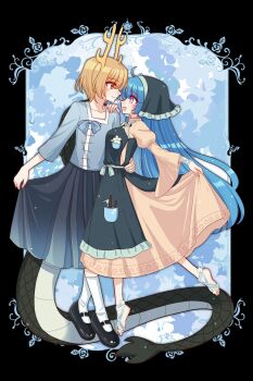 2girls apron black_apron black_shoes blonde_hair blue_hair blue_shirt blue_skirt brown_dress collarbone dancing dragon_girl dragon_horns dragon_tail dress hand_on_another&#039;s_shoulder hand_on_another&#039;s_waist haniyasushin_keiki highres horns kicchou_yachie long_hair looking_at_another mary_janes mask_(boring_mask) multiple_girls open_mouth red_eyes shirt shoes short_hair skirt skirt_hold socks square_neckline tail touhou white_socks