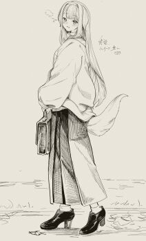 1girl block_heels blush briefcase commentary_request dog_girl dog_tail from_side greyscale highres holding holding_briefcase kisaragi_chiyuki lineart long_hair long_skirt long_sleeves looking_at_viewer looking_to_the_side monochrome nijisanji parted_lips pleated_skirt shioriha_ruri shoes skirt smile solo straight_hair sweater tail turning_head virtual_youtuber walking