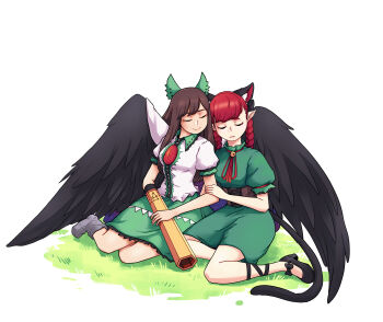 Rule 34 | 2girls, absurdres, animal ear fluff, animal ears, arm cannon, bird wings, black ribbon, black shoes, black wings, boots, bow, braid, breasts, brown corset, brown hair, cape, cat ears, cat tail, center frills, closed eyes, closed mouth, commentary, control rod (touhou), corset, dress, extra ears, facing viewer, feathered wings, frilled skirt, frills, grass, green bow, green dress, green skirt, grey boots, hair bow, highres, kaenbyou rin, leg ribbon, long hair, medium breasts, multiple girls, neck ribbon, nekomata, on ground, pointy ears, puffy short sleeves, puffy sleeves, pujol art, red hair, red ribbon, reiuji utsuho, ribbon, shirt, shoes, short sleeves, sitting, skirt, sleeping, tail, third eye, third eye on chest, touhou, twin braids, weapon, white cape, white shirt, wings