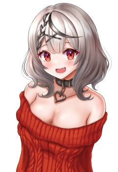 1girl :d absurdres aran_sweater armpit_crease bare_shoulders black_collar black_streaks blush braid breasts cable_knit cleavage collar collarbone fang grey_hair hair_ornament heart_collar highres hololive large_breasts looking_at_viewer multicolored_hair off-shoulder_sweater off_shoulder open_mouth red_eyes red_sweater ribbed_sweater sakamata_chloe short_hair smile solo streaked_hair sweater transparent_background two-tone_hair upper_body urushinuri virtual_youtuber x_hair_ornament