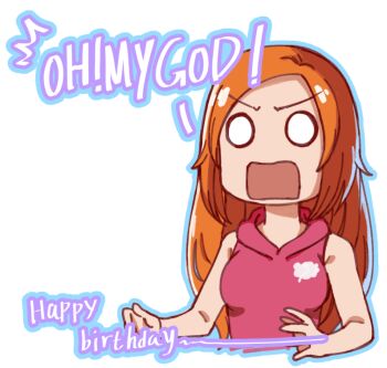 1girl azumanga_daiou bare_arms bleach blue_outline brown_hair commentary cropped_torso english_commentary english_text happy_birthday hood hood_down hoodie inoue_orihime kasuga_ayumu long_hair looking_at_viewer matsuoka_yuki o_o open_mouth outline parody parted_bangs rectangular_mouth shaolong sidelocks simple_background sleeveless sleeveless_hoodie solo straight_hair surprised upper_body v-shaped_eyebrows very_long_hair voice_actor_connection white_background