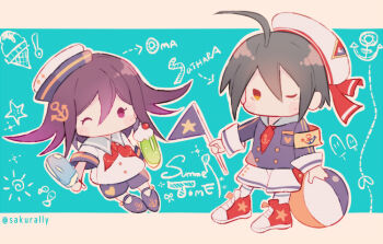 2boys ahoge alternate_costume anchor anchor_hair_ornament anchor_symbol armband arrow_(symbol) ball beachball black_hair blue_background blue_hat blue_pants blue_shirt blue_shorts blush_stickers border breast_pocket buttons cargo_shorts character_name cherry chibi commentary_request cup danganronpa_(series) danganronpa_v3:_killing_harmony dotted_line drink drinking_glass english_text fish flag food fruit grey_sailor_collar hair_ornament hat hat_ribbon heart heart_print holding holding_drink holding_flag holding_food holding_popsicle ice_cream ice_cream_cone ice_cream_float kneehighs letterboxed long_eyelashes long_sleeves male_focus mary_janes multiple_boys neckerchief necktie no_mouth oma_kokichi one_eye_closed outline outside_border pants pocket popsicle print_headwear print_necktie print_shirt print_shoes print_shorts purple_eyes purple_hair red_neckerchief red_necktie red_ribbon red_shoes ribbon ribbon-trimmed_neckerchief ribbon_trim saihara_shuichi sailor sailor_collar sailor_hat sailor_shirt sakura_(fein5862817) shirt shoes short_hair shorts sleeve_cuffs sneakers socks solid_oval_eyes star_(symbol) star_print sun_symbol twitter_username two-tone_hat v-shaped_eyes white_border white_hat white_outline white_shirt white_shorts white_socks yellow_armband yellow_eyes