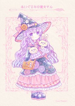 1girl absurdres bag belt blue_eyes blue_shoes bow child closed_mouth commentary_request dot_nose dress earrings emo_(mikan) floral_print footwear_bow frilled_dress frilled_hat frilled_sailor_collar frills full_body handbag hat hat_bow hat_ornament highres jewelry long_dress long_hair long_sleeves looking_at_viewer multicolored_dress original pink_bow pink_sailor_collar pointy_ears print_hat puffy_long_sleeves puffy_sleeves purple_hair rabbit_earrings rabbit_hat_ornament sailor_collar shoes smile solo standing stuffed_animal stuffed_mouse stuffed_rabbit stuffed_toy translation_request wavy_hair witch_hat