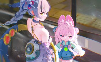 2girls absurdres bare_shoulders braid breasts closed_mouth commentary_request detached_sleeves dialyn_(zenless_zone_zero) dot_nose dress furry furry_female hair_bun hair_ornament highres long_hair looking_at_viewer looking_back medium_breasts multiple_girls pink_hair red_eyes sleeveless sleeveless_dress twin_braids white_dress yoshida_ame zenless_zone_zero zhao_(zenless_zone_zero)