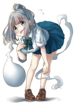 Rule 34 | :d, alternate breast size (larger), alternate costume, alternate hair length, alternate hairstyle, bent over, blue eyes, breasts, brown shoes, collared shirt, commentary request, flying sweatdrops, full body, green skirt, grey hair, hand on own chest, highres, konpaku youmu, konpaku youmu (ghost), large breasts, loafers, long hair, miniskirt, open mouth, pegashi, ponytail, school uniform, shirt, shoes, skirt, sleeves rolled up, smile, teeth, touhou, upper teeth only, white shirt