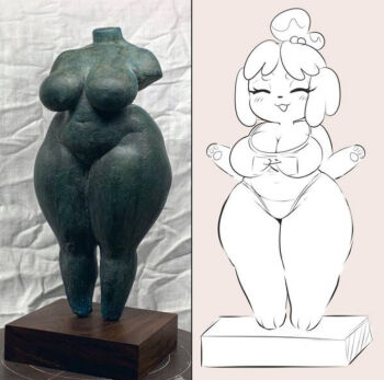 Rule 34 | 1girl, animal crossing, bikini, breasts, isabelle (animal crossing), large breasts, nintendo, oni punch, photo inset, reference inset, sculpture, simple background, swimsuit, tagme, thick thighs, thighs, ukiyadayo, wide hips